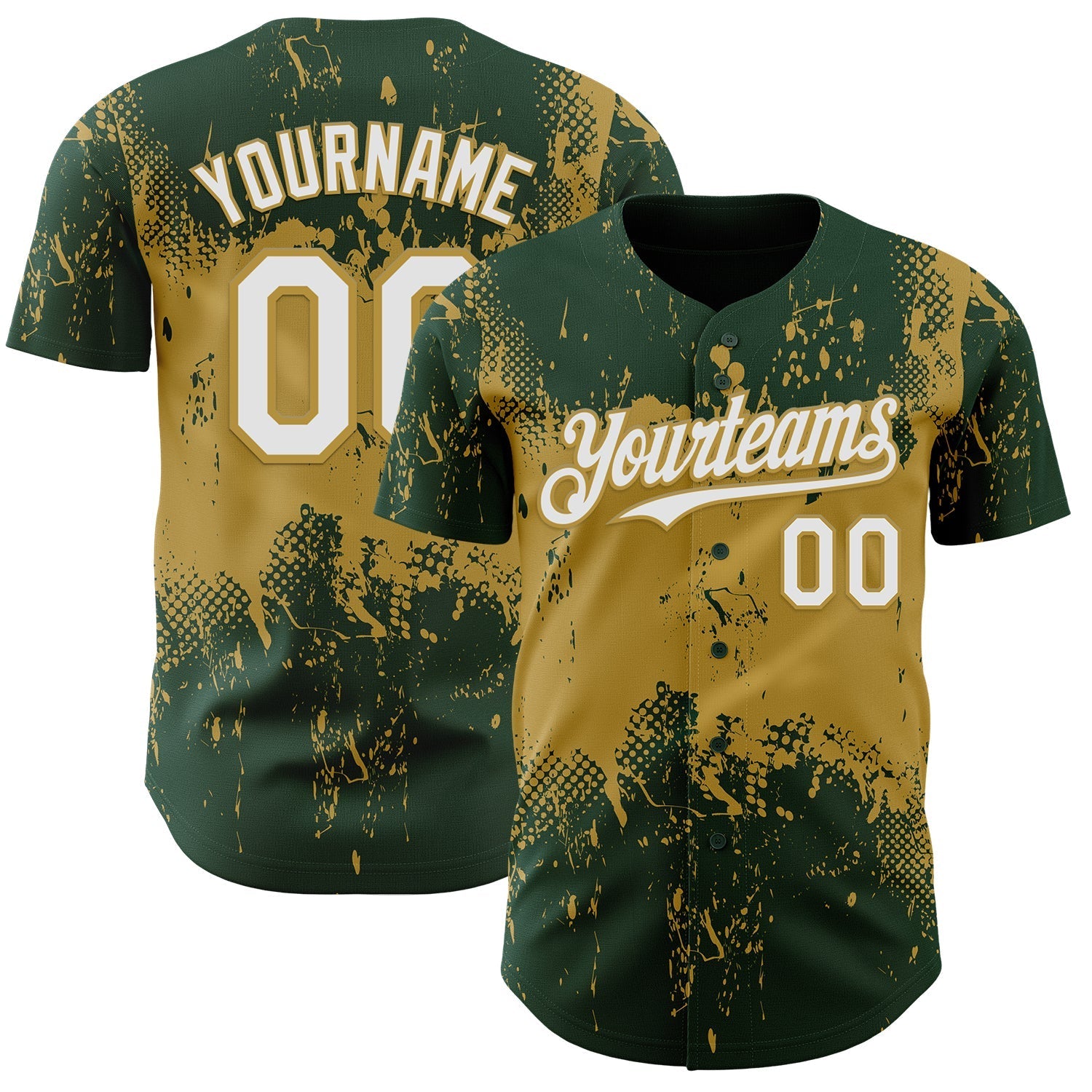 Custom Green White-Old Gold Abstract Splatter Grunge Paint Authentic Baseball Jersey baseball jersey product view 1