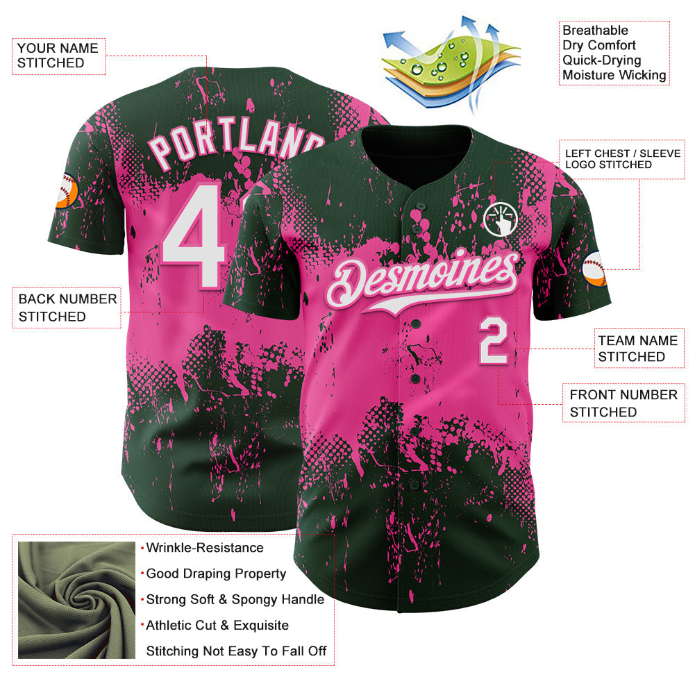 Custom Green White-Pink Abstract Splatter Grunge Paint Authentic Baseball Jersey baseball jersey product view 3