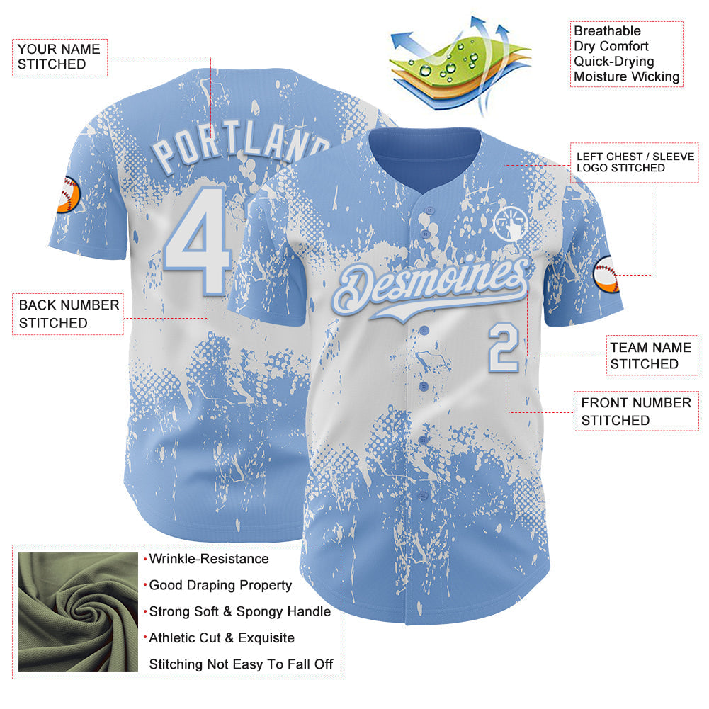 Custom Light Blue White Abstract Splatter Grunge Paint Authentic Baseball Jersey baseball jersey product view 3
