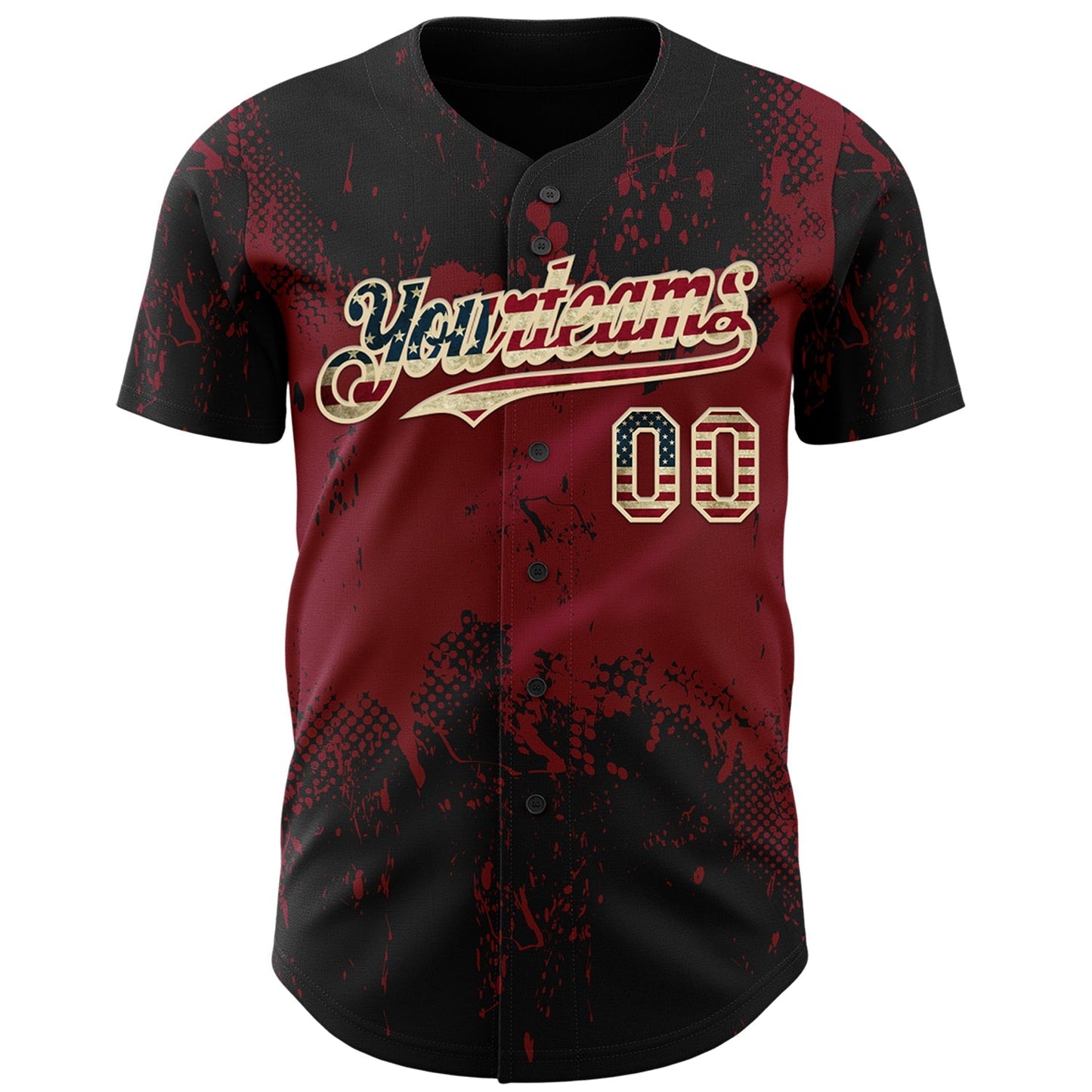 Custom Black Vintage USA Flag Crimson-Cream Abstract Splatter Grunge Paint Authentic Baseball Jersey baseball jersey product view 2