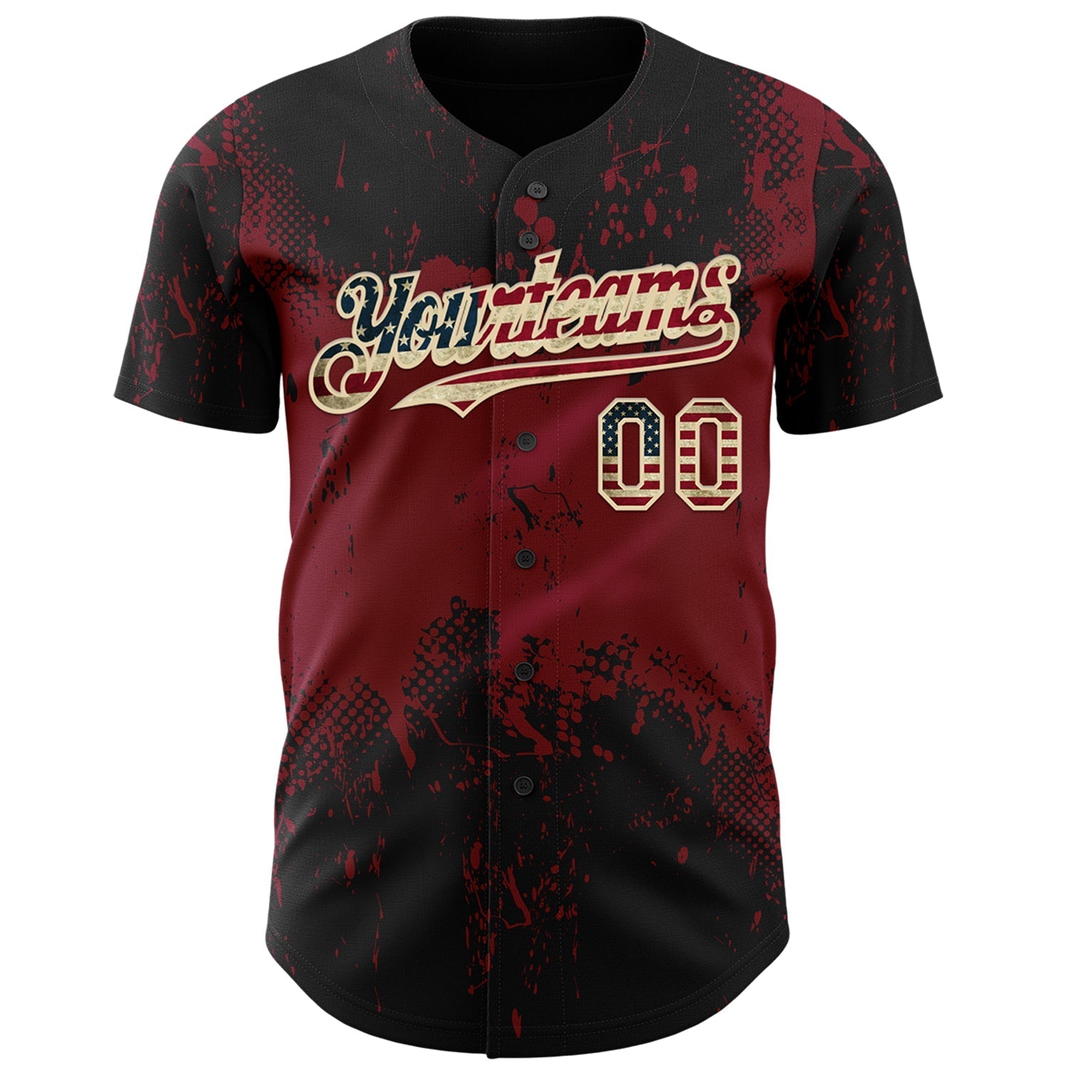 Custom Black Vintage USA Flag Crimson-Cream Abstract Splatter Grunge Paint Authentic Baseball Jersey baseball jersey product view 2
