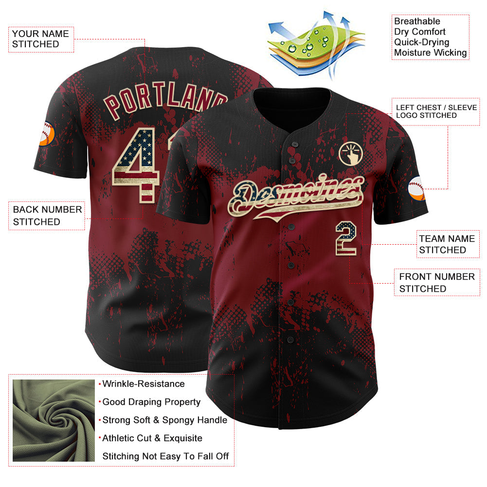 Custom Black Vintage USA Flag Crimson-Cream Abstract Splatter Grunge Paint Authentic Baseball Jersey baseball jersey product view 3