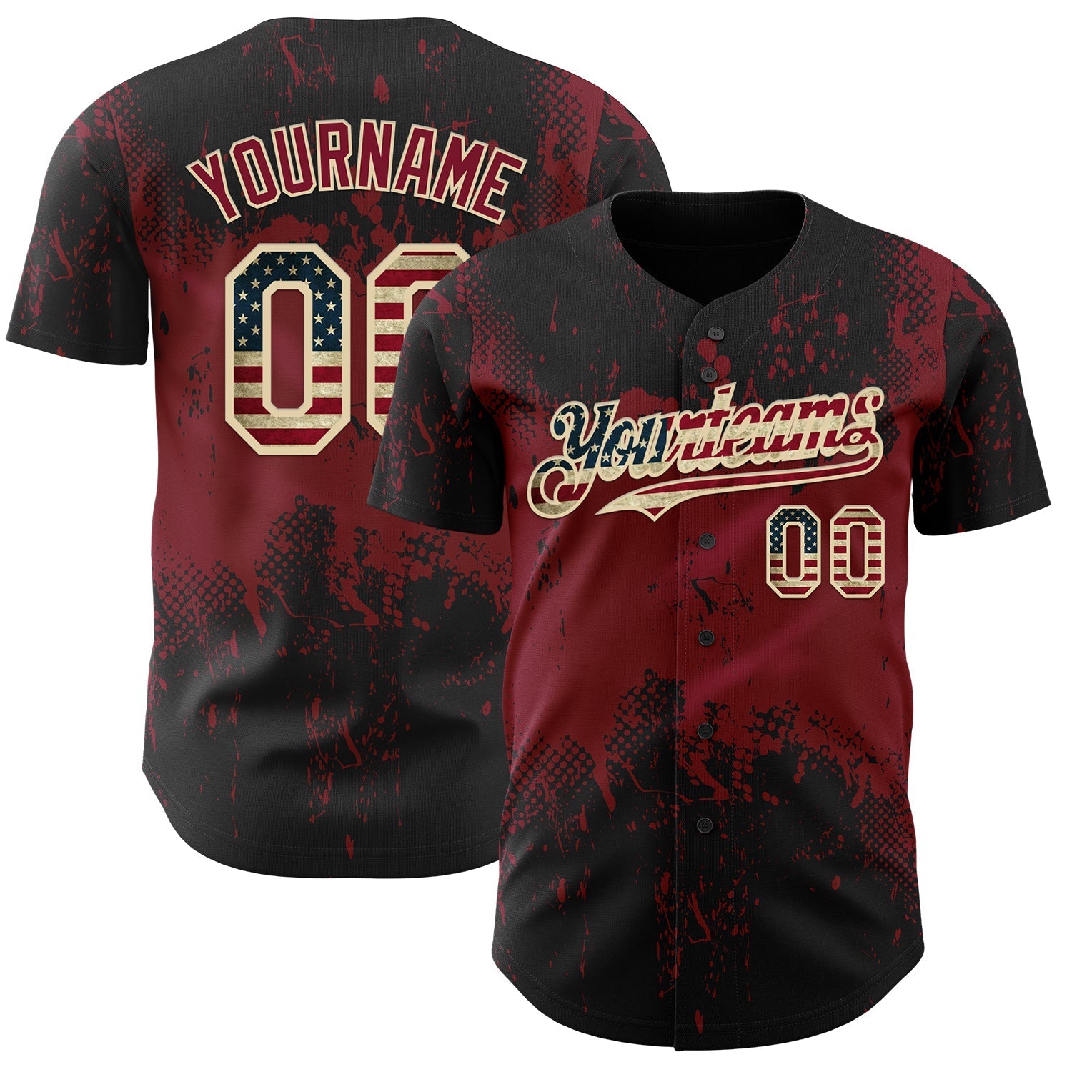 Custom Black Vintage USA Flag Crimson-Cream Abstract Splatter Grunge Paint Authentic Baseball Jersey baseball jersey product view 1