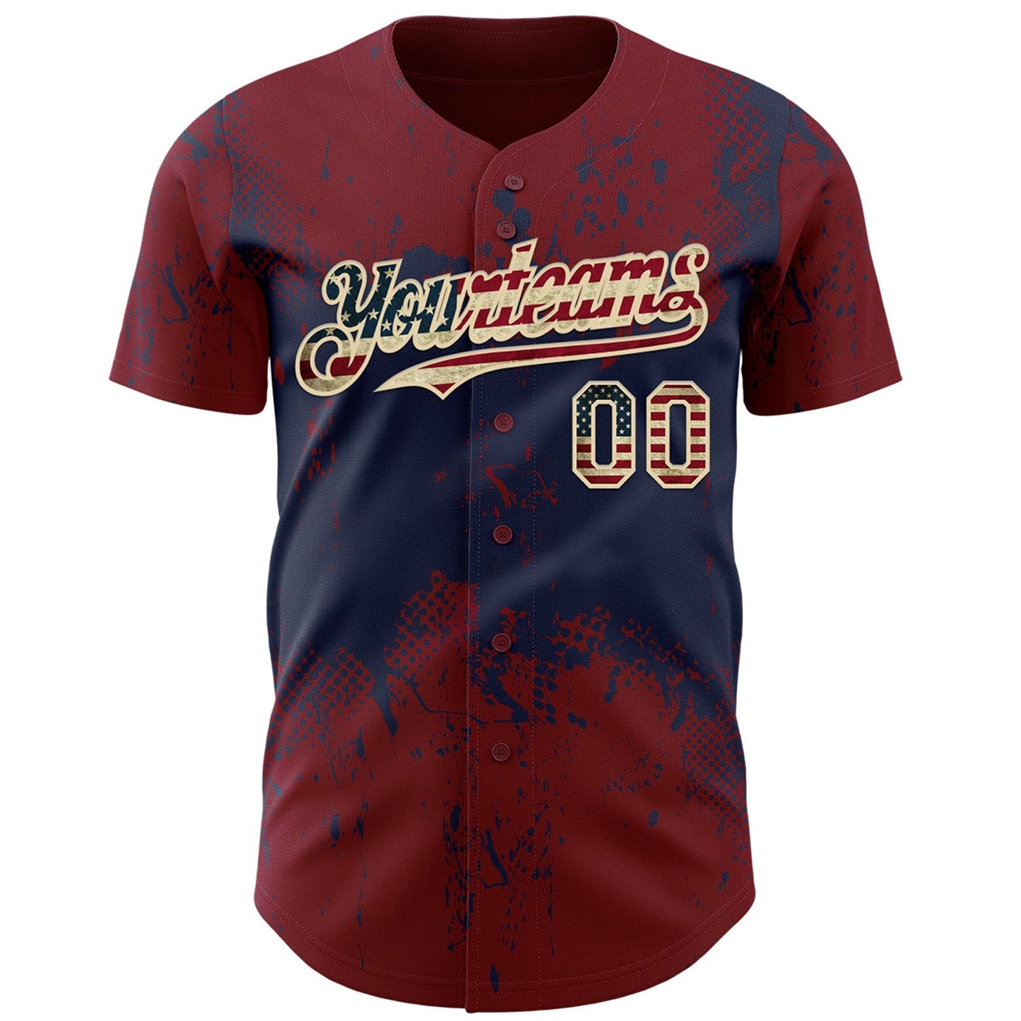 Custom Crimson Vintage USA Flag Navy-Cream Abstract Splatter Grunge Paint Authentic Baseball Jersey baseball jersey product view 2