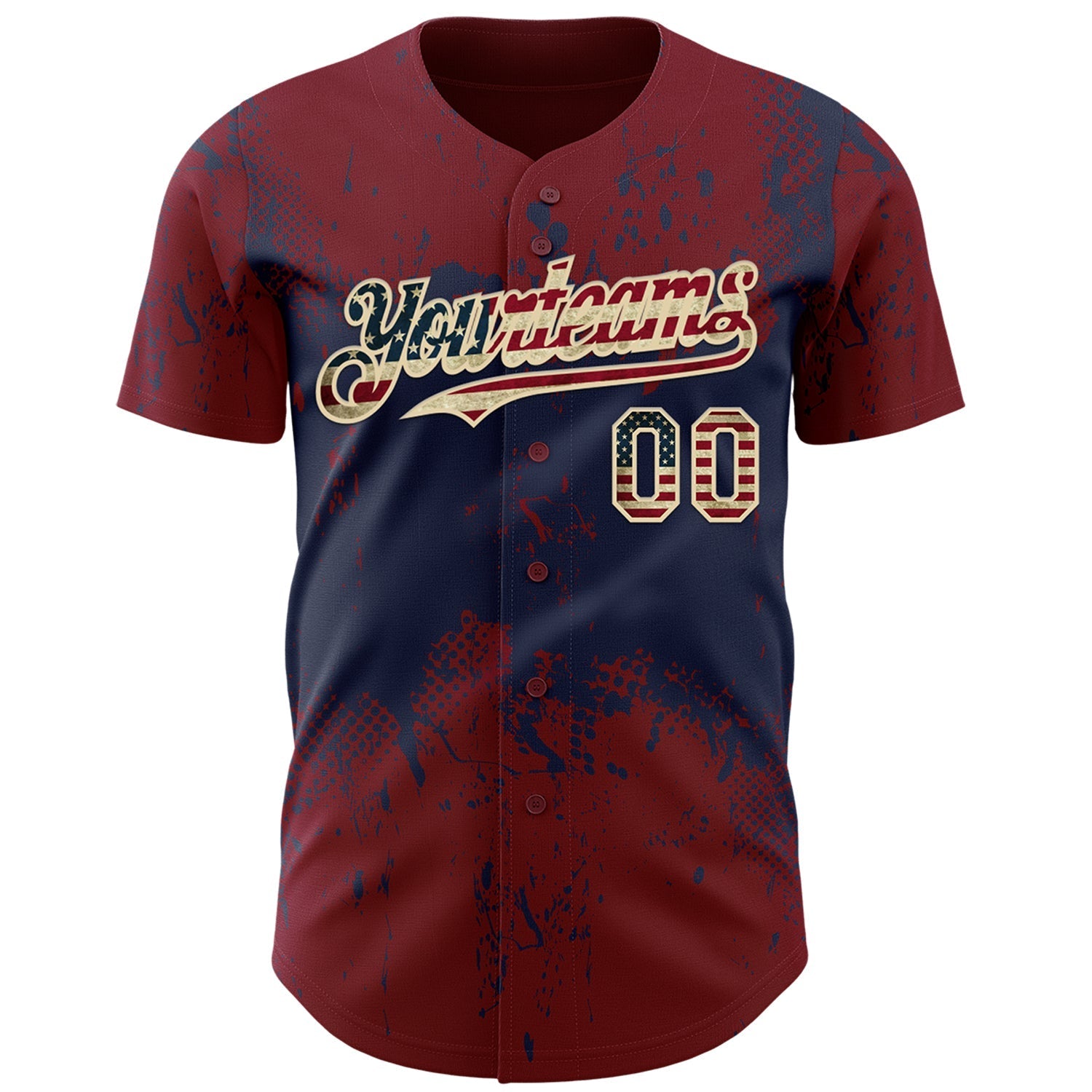 Custom Crimson Vintage USA Flag Navy-Cream Abstract Splatter Grunge Paint Authentic Baseball Jersey baseball jersey product view 2