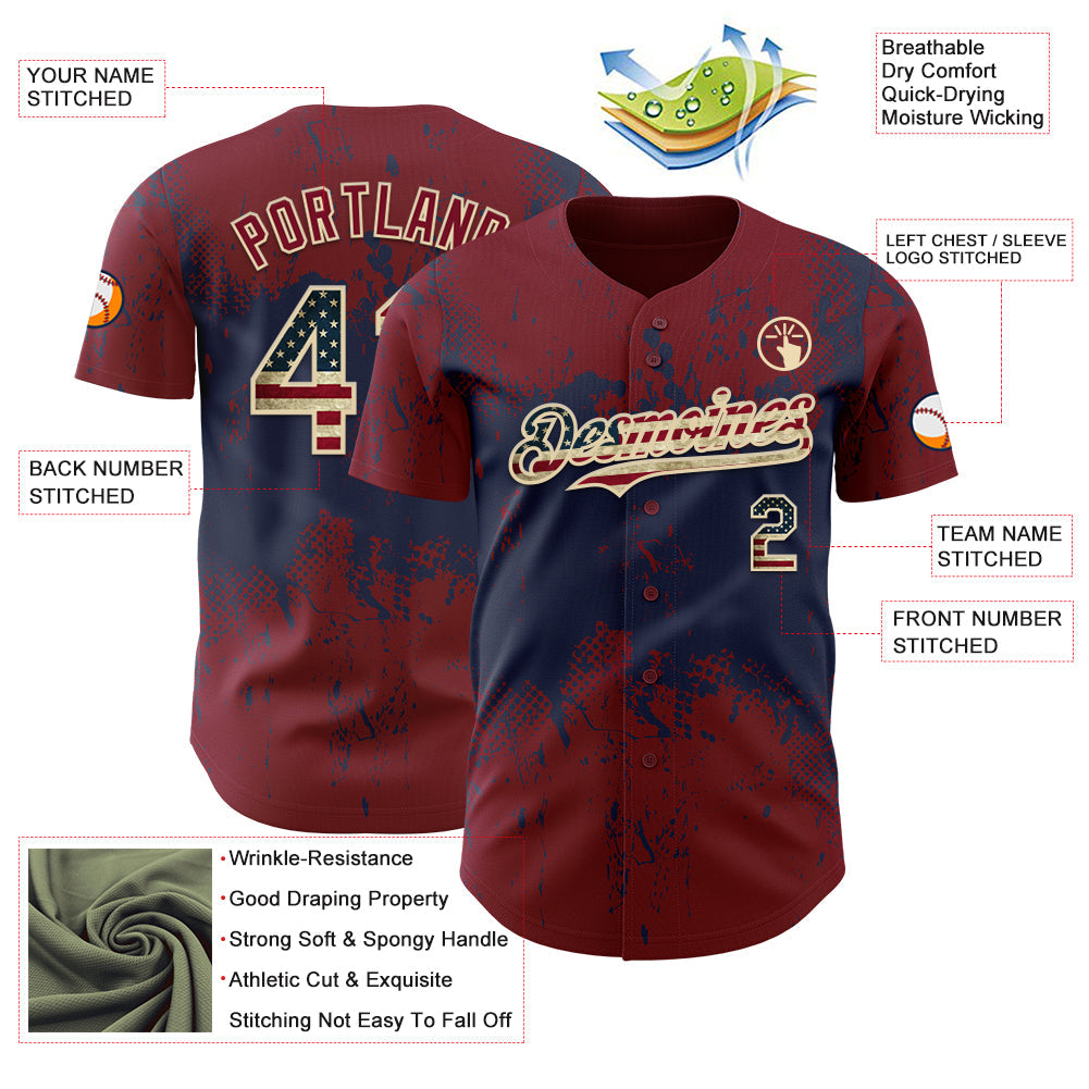 Custom Crimson Vintage USA Flag Navy-Cream Abstract Splatter Grunge Paint Authentic Baseball Jersey baseball jersey product view 3