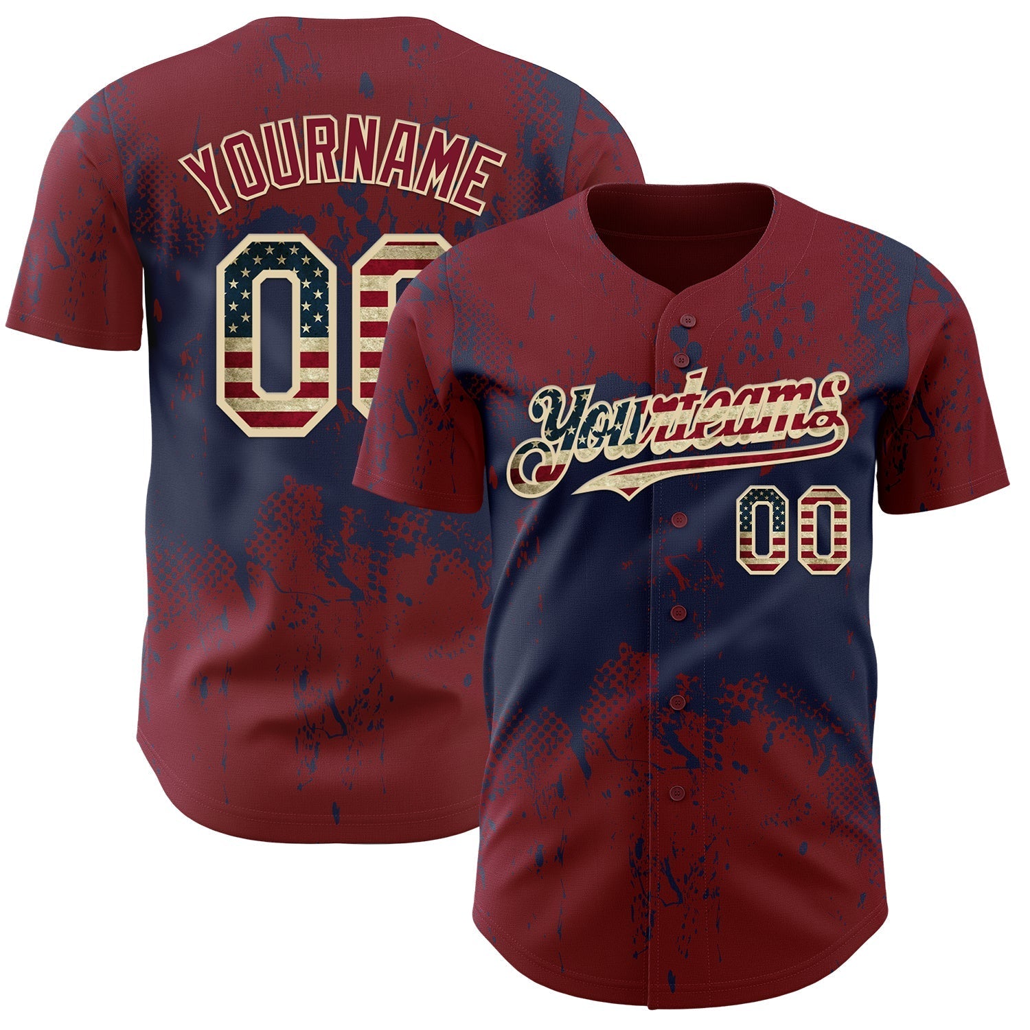 Custom Crimson Vintage USA Flag Navy-Cream Abstract Splatter Grunge Paint Authentic Baseball Jersey baseball jersey product view 1