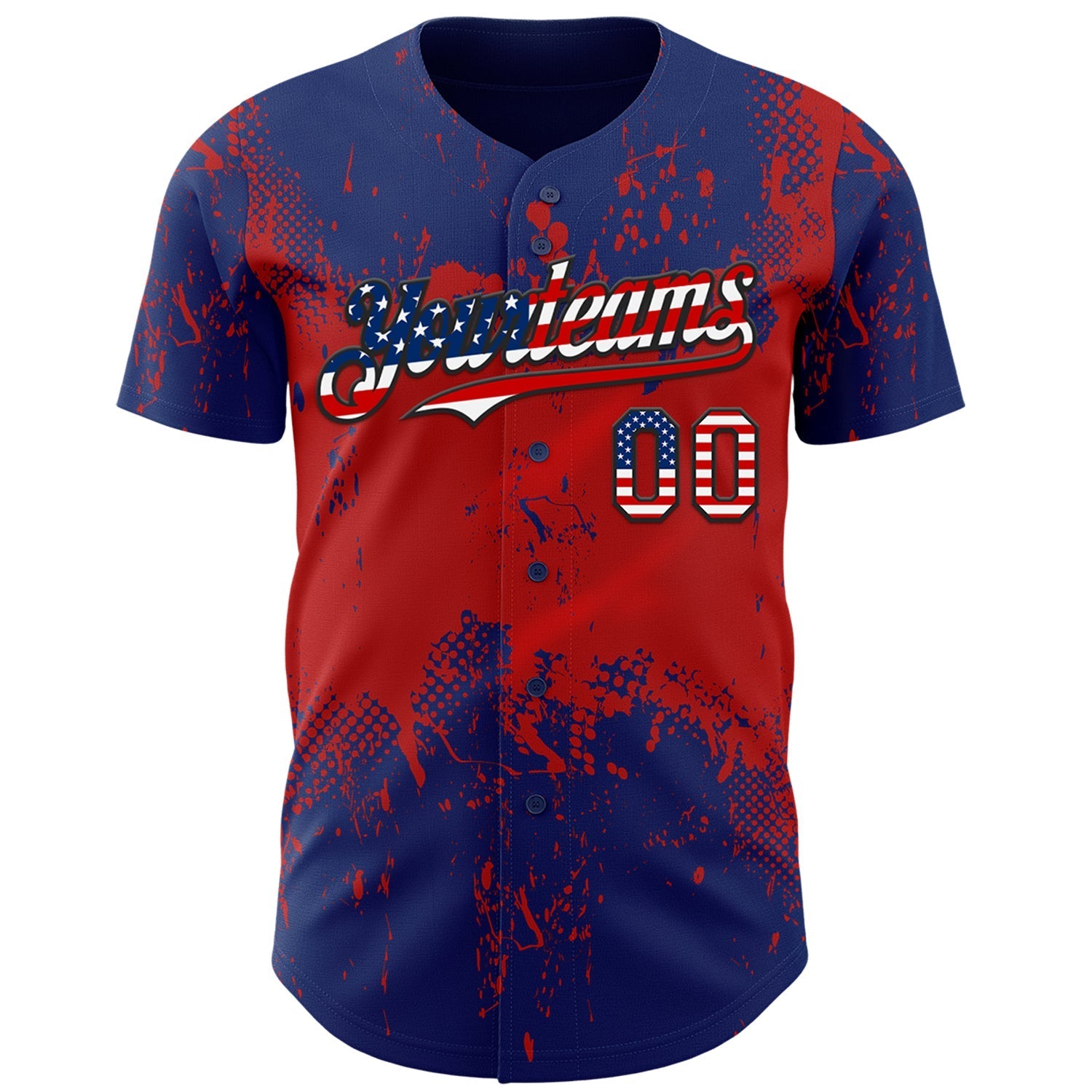 Custom Royal USA Flag Red-Black Abstract Splatter Grunge Paint Authentic Baseball Jersey baseball jersey product view 2