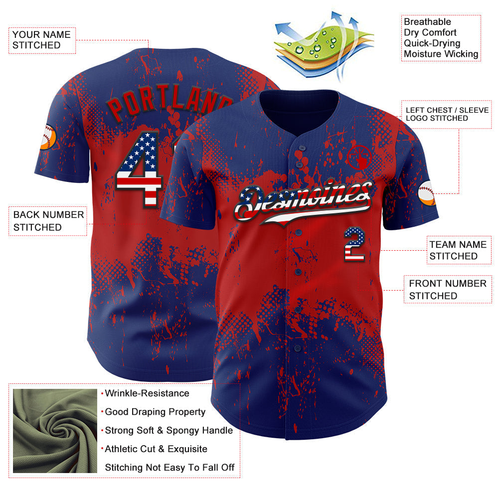Custom Royal USA Flag Red-Black Abstract Splatter Grunge Paint Authentic Baseball Jersey baseball jersey product view 3