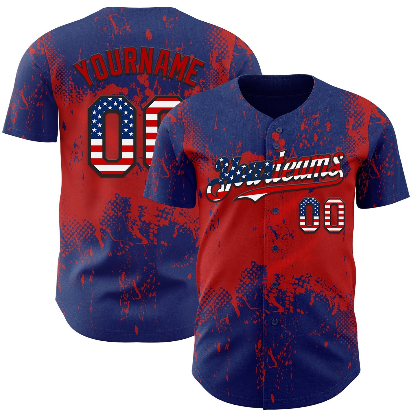 Custom Royal USA Flag Red-Black Abstract Splatter Grunge Paint Authentic Baseball Jersey baseball jersey product view 1