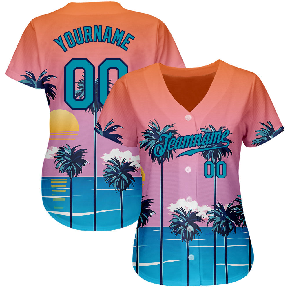 Custom Orange Teal-Navy 3D Pattern Design Sun Beach Hawaii Palm Trees Authentic Baseball Jersey baseball jersey product view 3