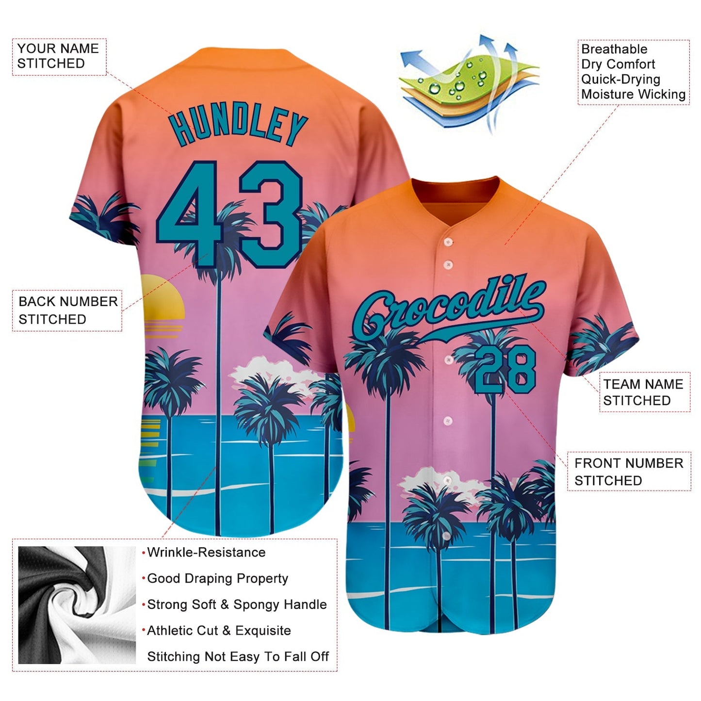 Custom Orange Teal-Navy 3D Pattern Design Sun Beach Hawaii Palm Trees Authentic Baseball Jersey baseball jersey product view 4