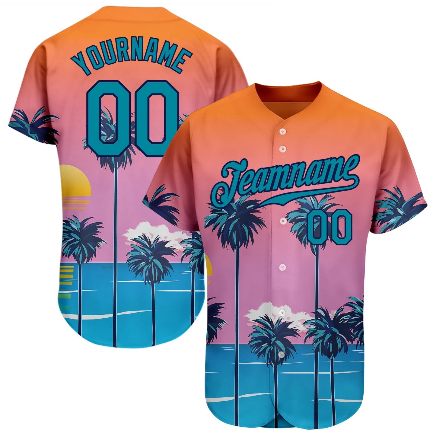 Custom Orange Teal-Navy 3D Pattern Design Sun Beach Hawaii Palm Trees Authentic Baseball Jersey baseball jersey product view 1