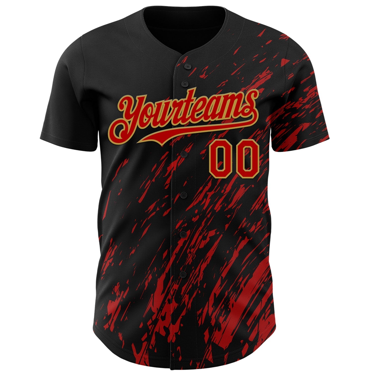 Custom Black Red-Old Gold Paint Stroke Grunge Streak Authentic Baseball Jersey baseball jersey product view 2