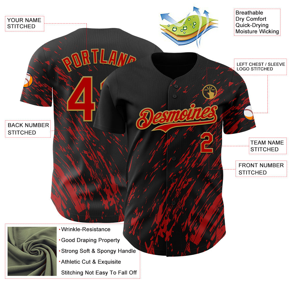 Custom Black Red-Old Gold Paint Stroke Grunge Streak Authentic Baseball Jersey baseball jersey product view 3