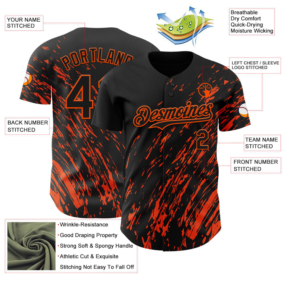 Custom Black Orange Paint Stroke Grunge Streak Authentic Baseball Jersey baseball jersey product view 3
