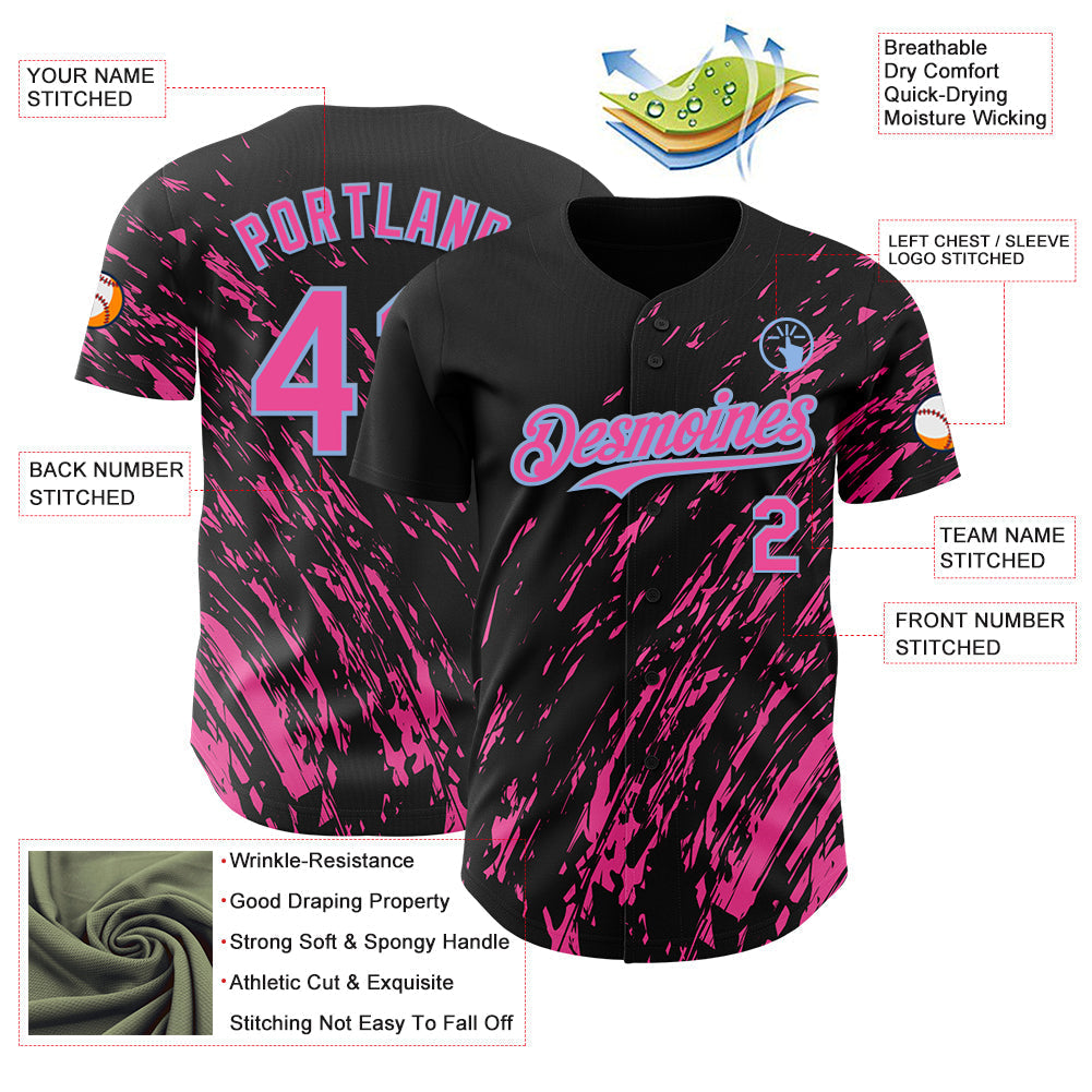 Custom Black Pink-Light Blue Paint Stroke Grunge Streak Authentic Baseball Jersey baseball jersey product view 3