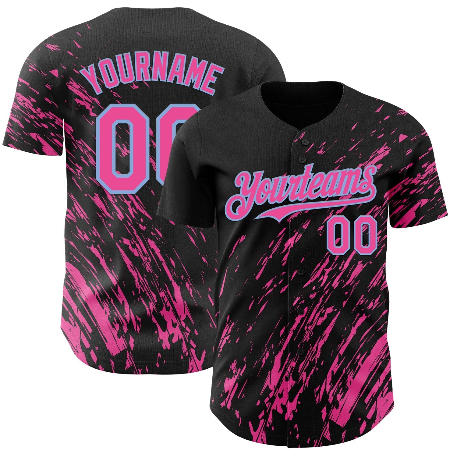 Custom Black Pink-Light Blue Paint Stroke Grunge Streak Authentic Baseball Jersey baseball jersey product view 1