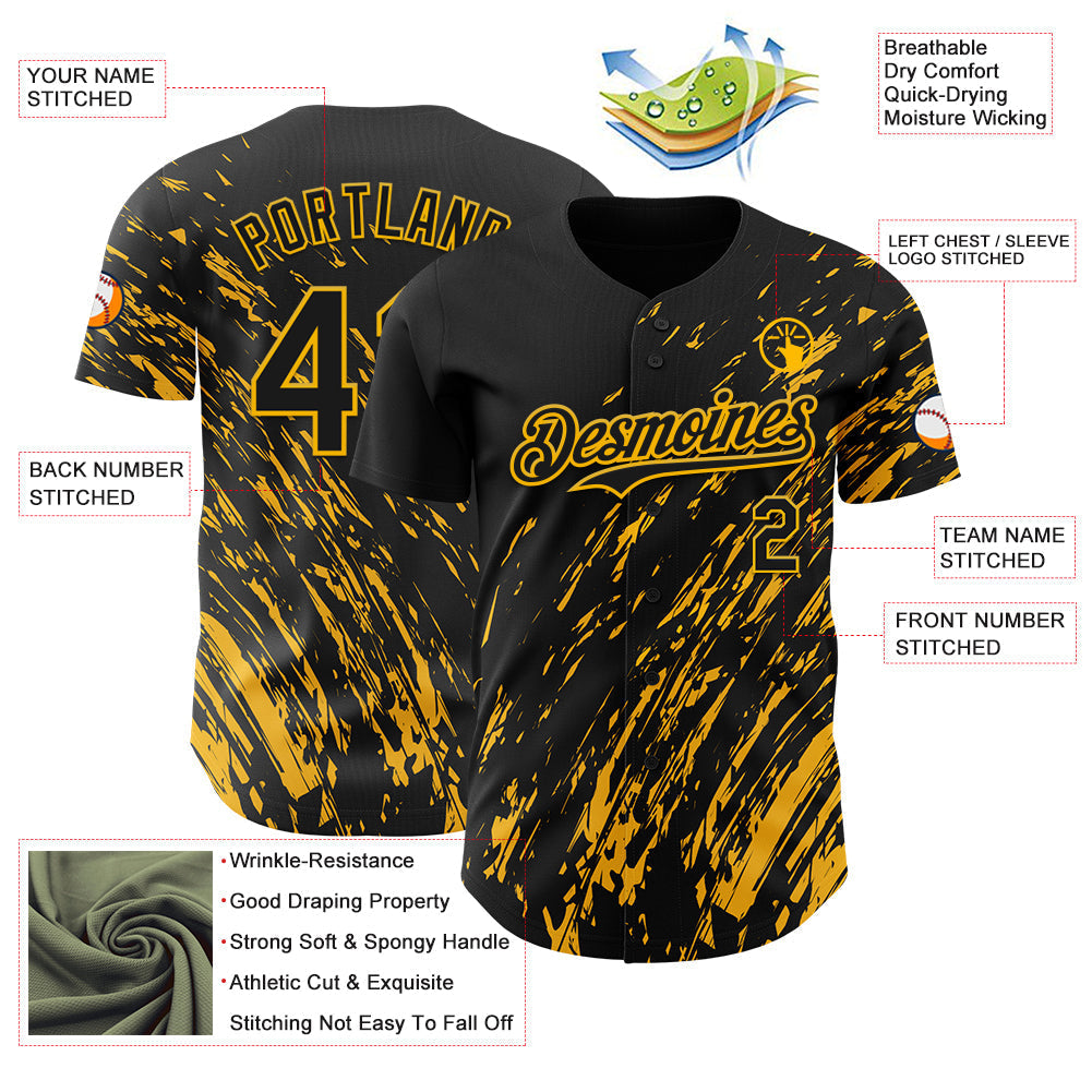 Custom Black Gold Paint Stroke Grunge Streak Authentic Baseball Jersey baseball jersey product view 3