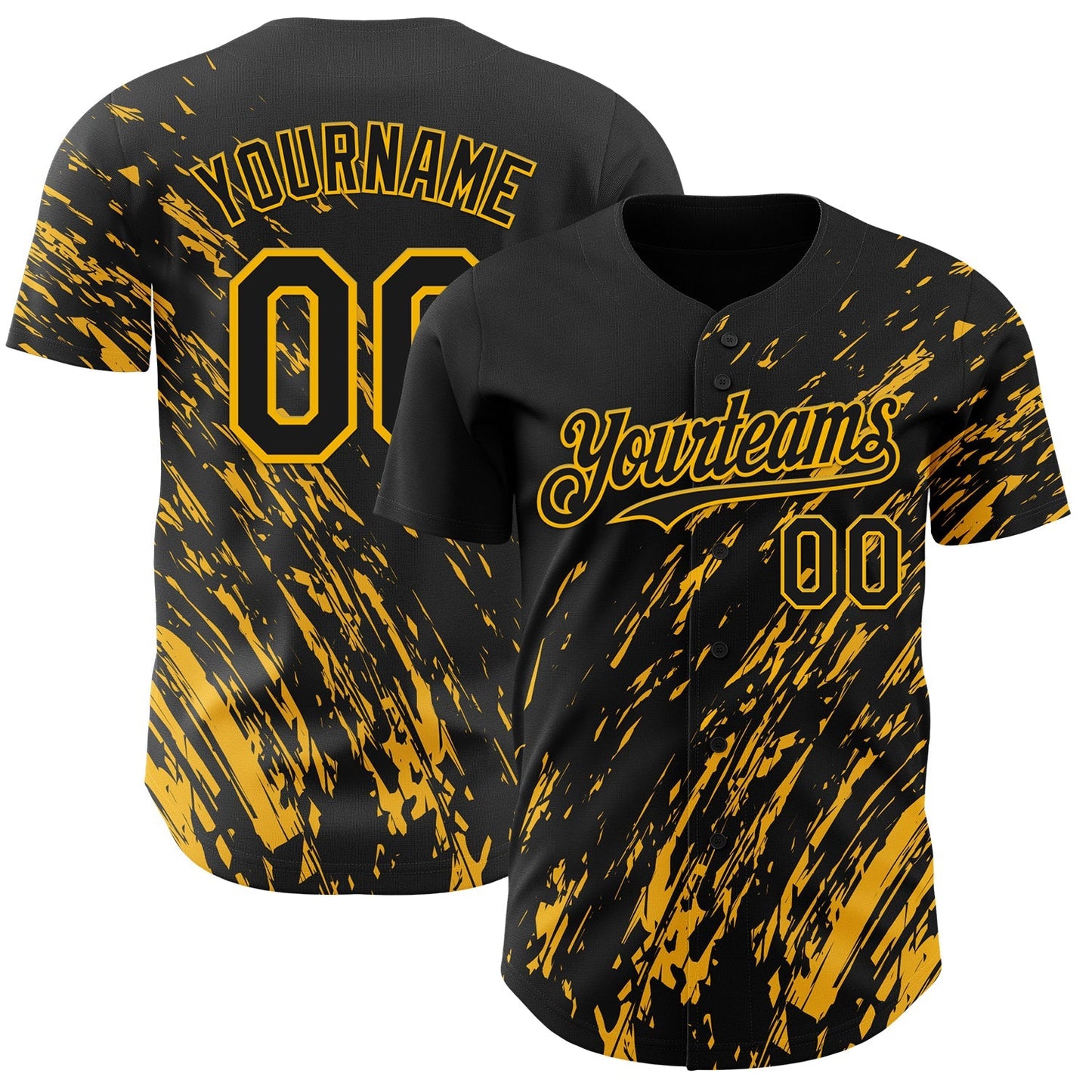 Custom Black Gold Paint Stroke Grunge Streak Authentic Baseball Jersey baseball jersey product view 1