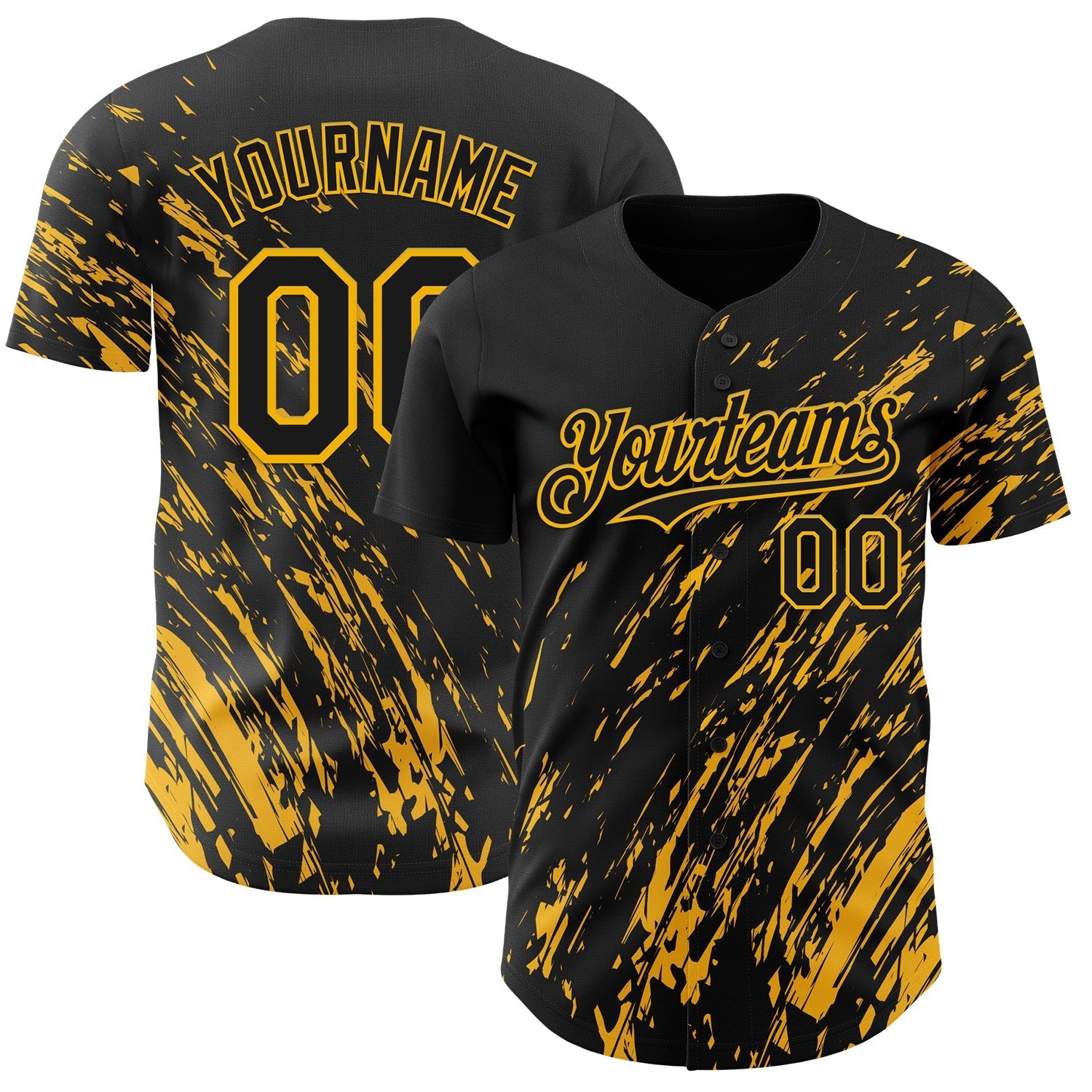 Custom Black Gold Paint Stroke Grunge Streak Authentic Baseball Jersey baseball jersey product view 1