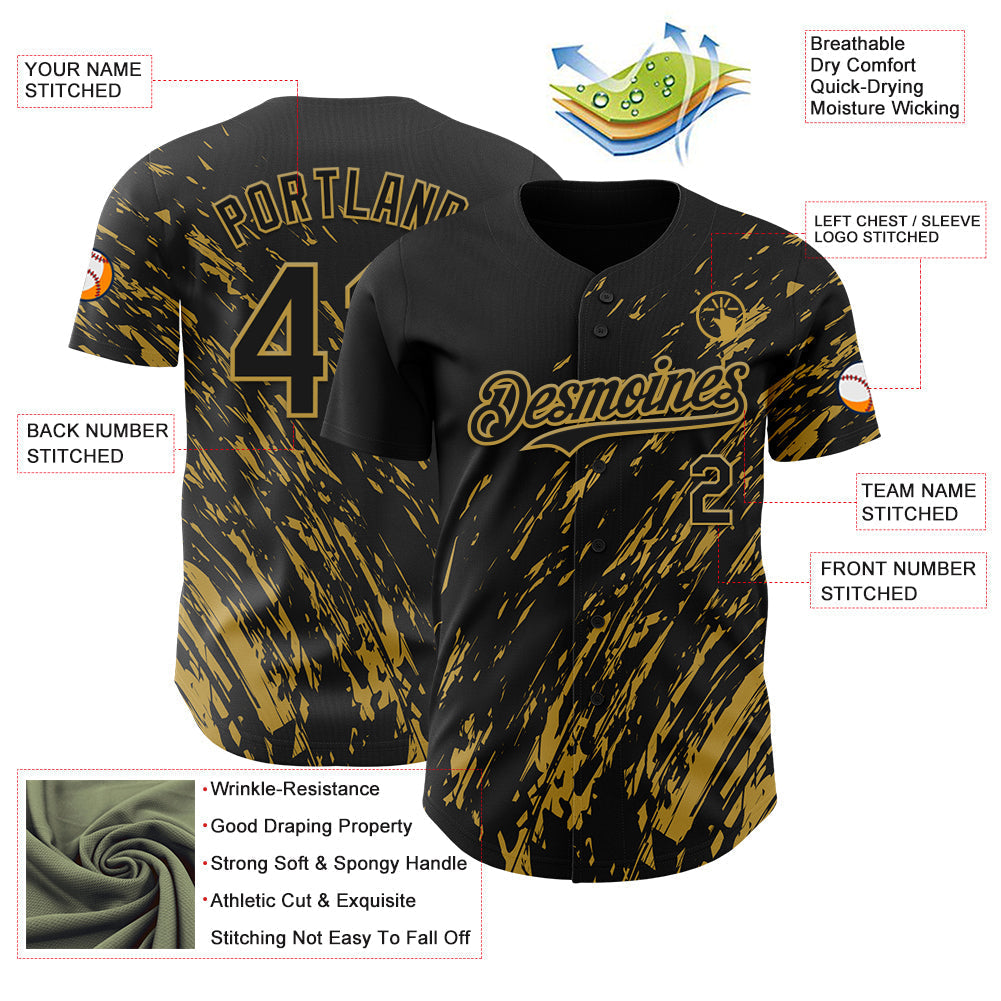 Custom Black Old Gold Paint Stroke Grunge Streak Authentic Baseball Jersey baseball jersey product view 3