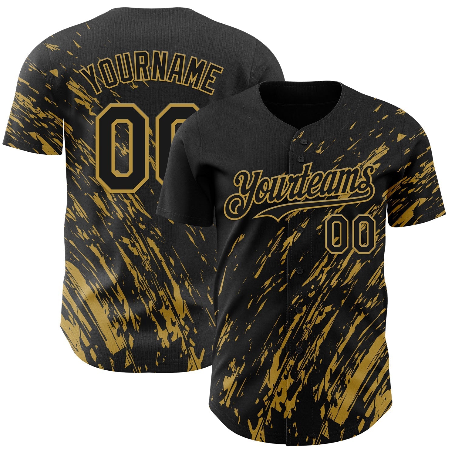 Custom Black Old Gold Paint Stroke Grunge Streak Authentic Baseball Jersey baseball jersey product view 1