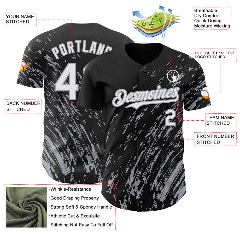 Custom Black White-Gray Paint Stroke Grunge Streak Authentic Baseball Jersey baseball jersey product view 3