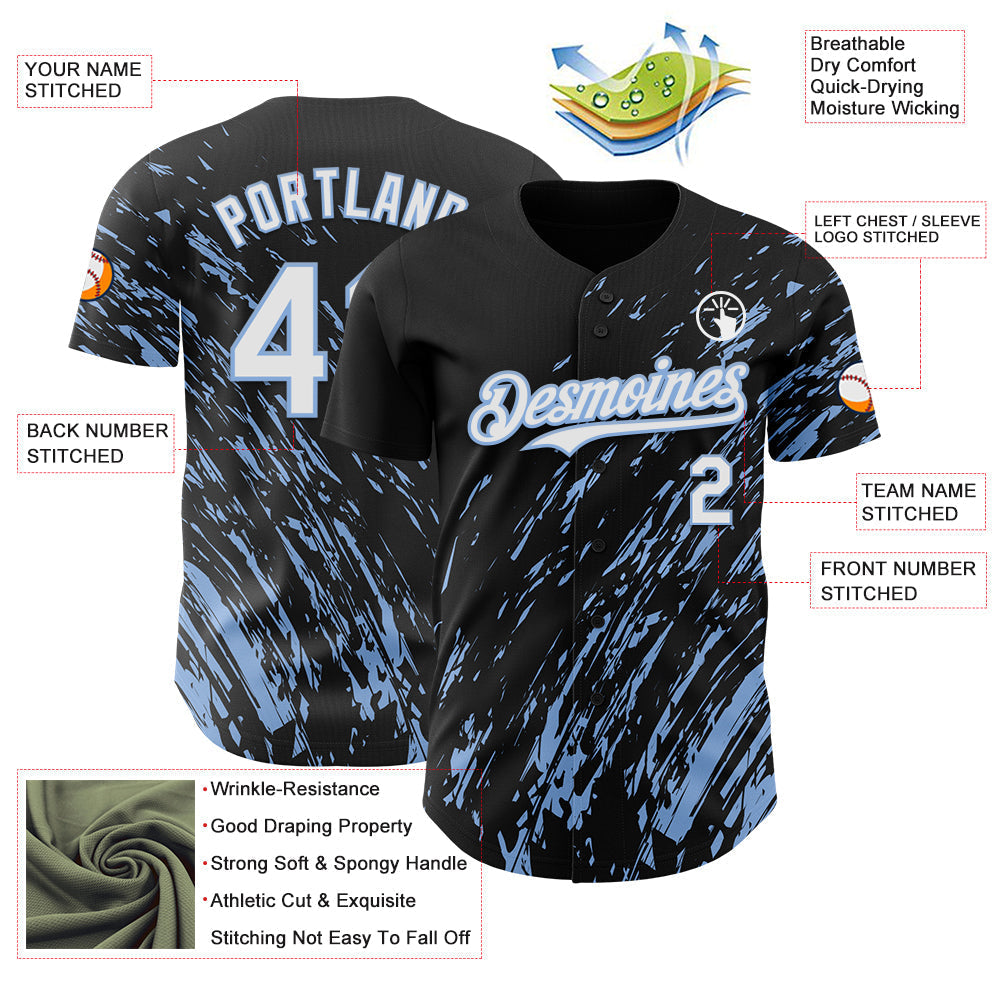 Custom Black White-Light Blue Paint Stroke Grunge Streak Authentic Baseball Jersey baseball jersey product view 3