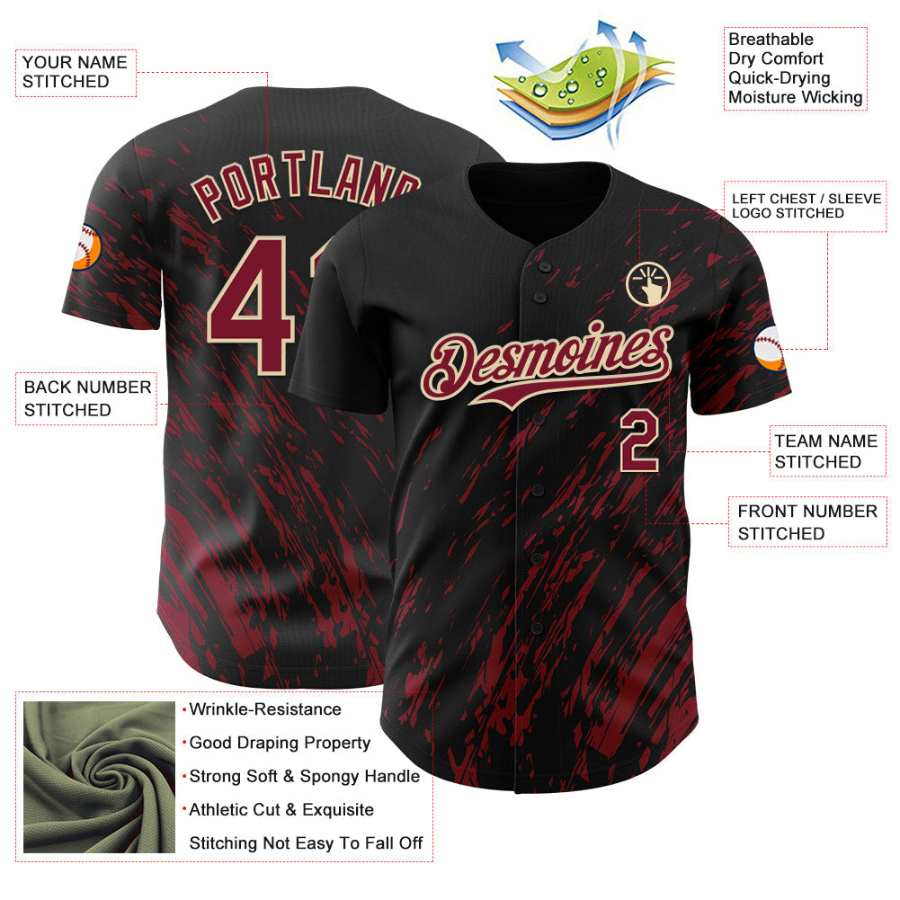 Custom Black Crimson-Cream Paint Stroke Grunge Streak Authentic Baseball Jersey baseball jersey product view 3