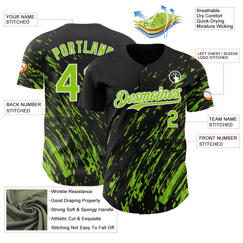 Custom Black Neon Green-White Paint Stroke Grunge Streak Authentic Baseball Jersey baseball jersey product view 3