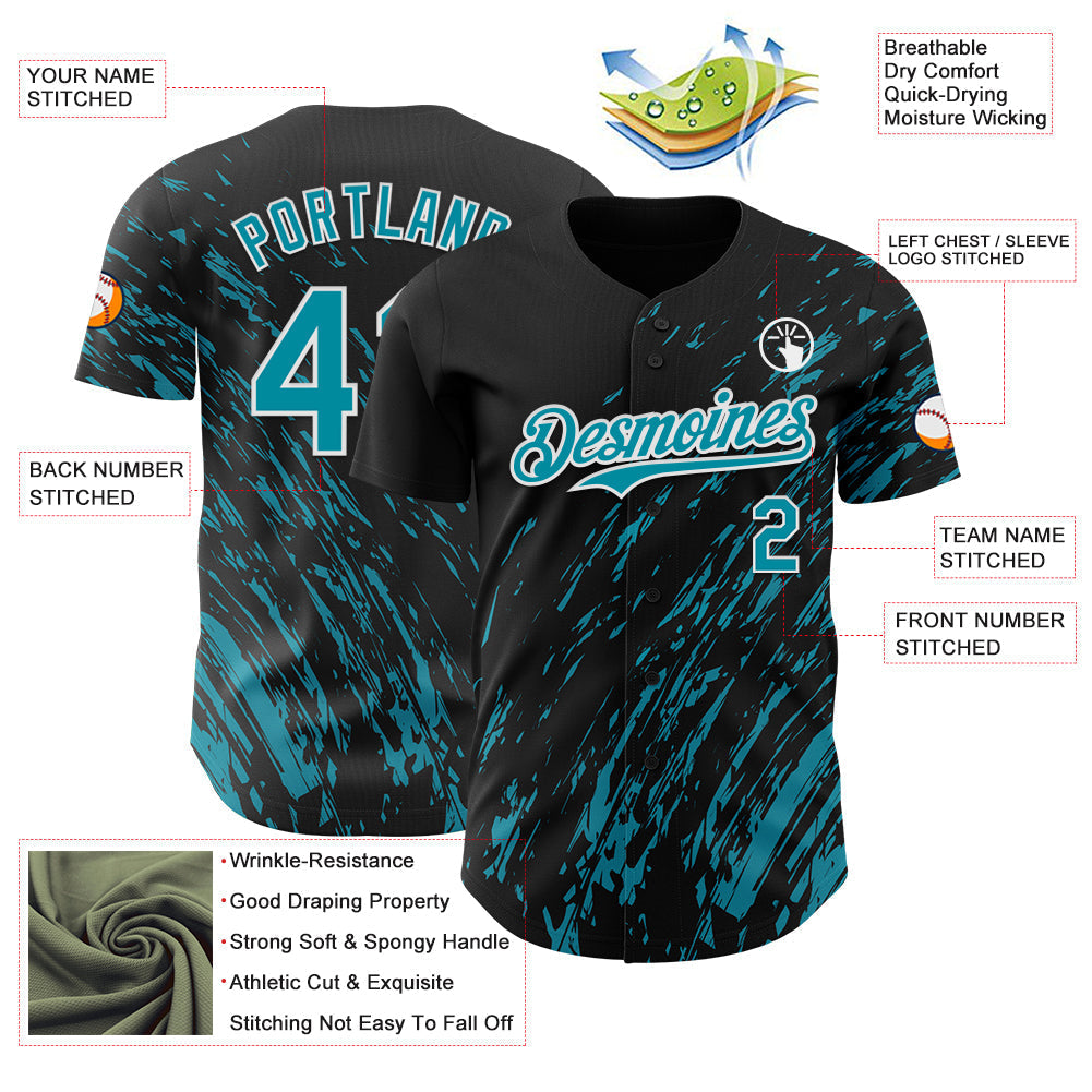 Custom Black Teal-White Paint Stroke Grunge Streak Authentic Baseball Jersey baseball jersey product view 3