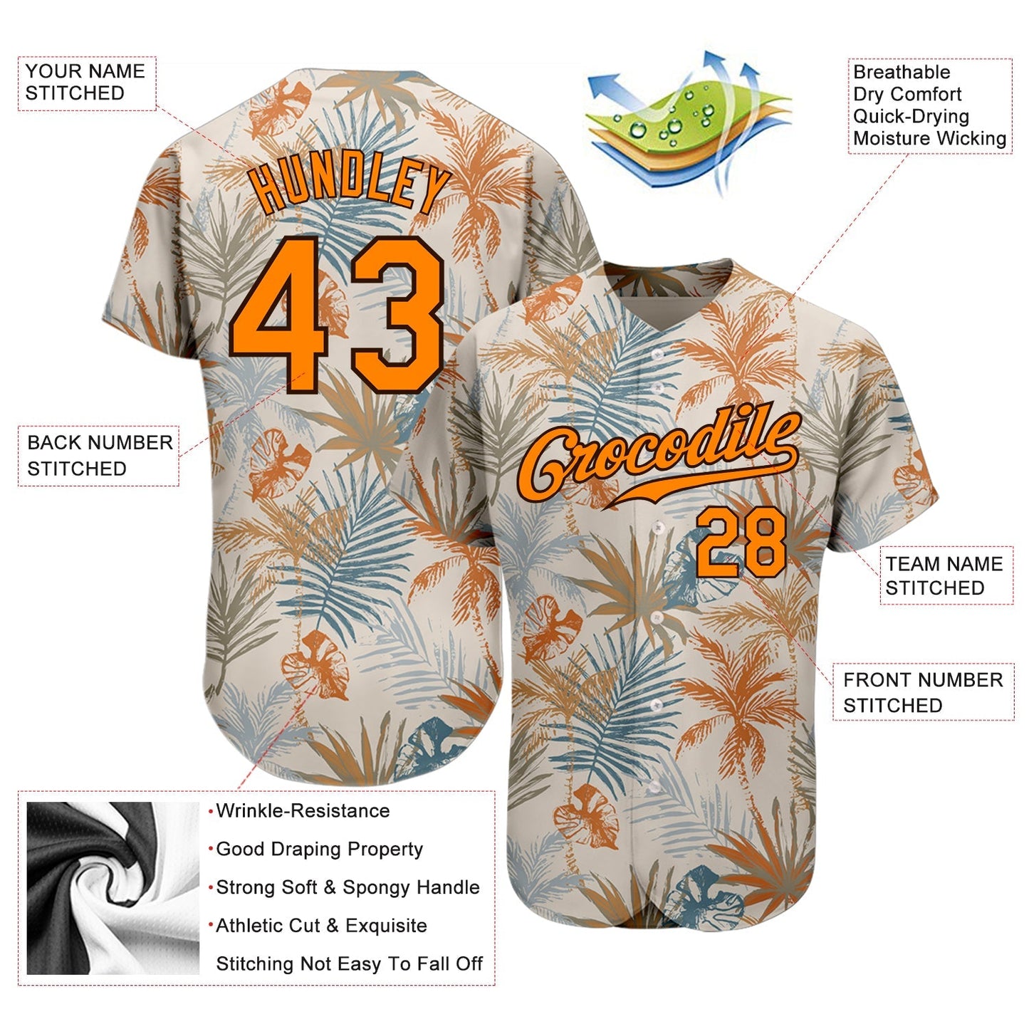 Custom Cream Bay Orange-Brown 3D Pattern Design Hawaii Palm Leaves Authentic Baseball Jersey baseball jersey product view 3