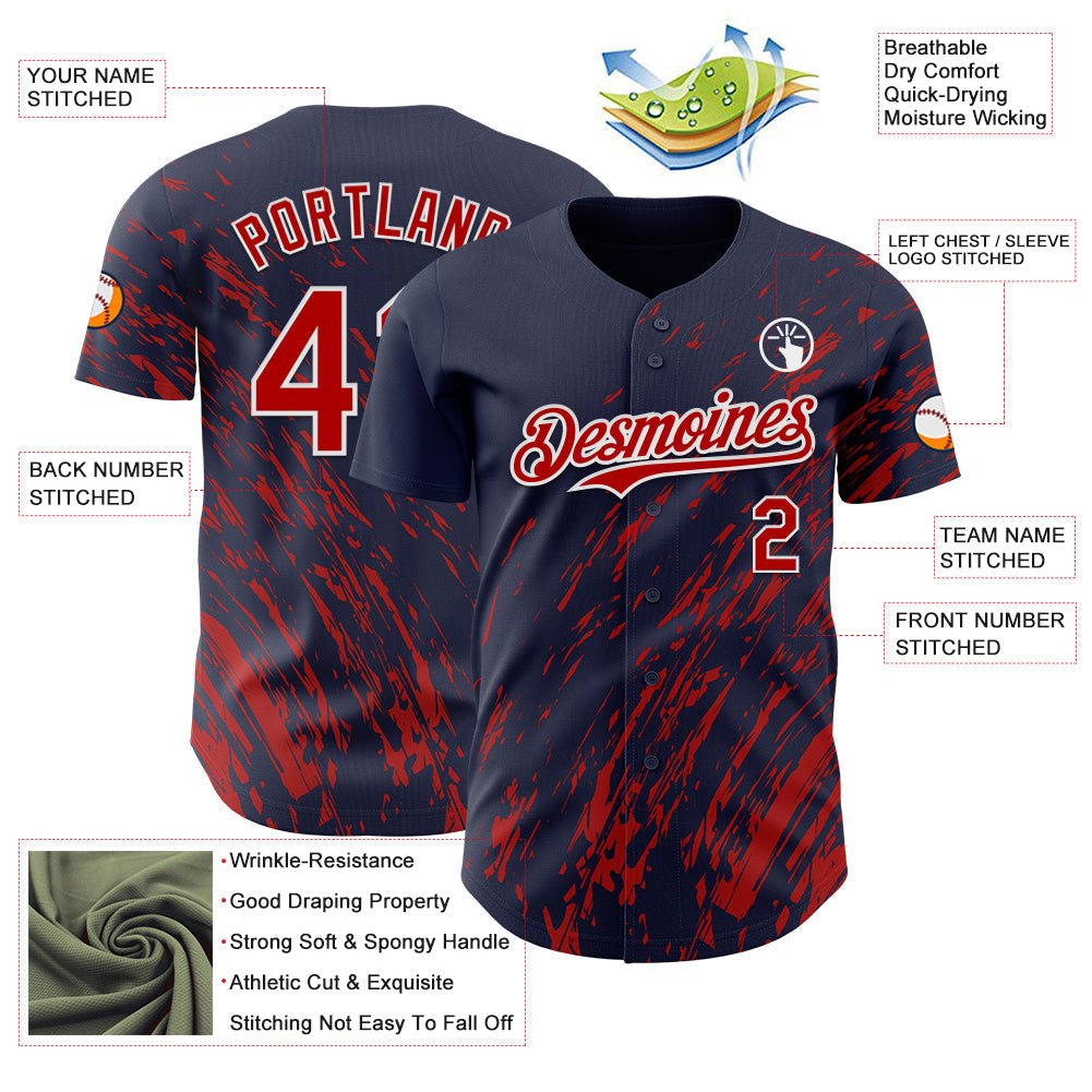 Custom Navy Red-White Paint Stroke Grunge Streak Authentic Baseball Jersey baseball jersey product view 3