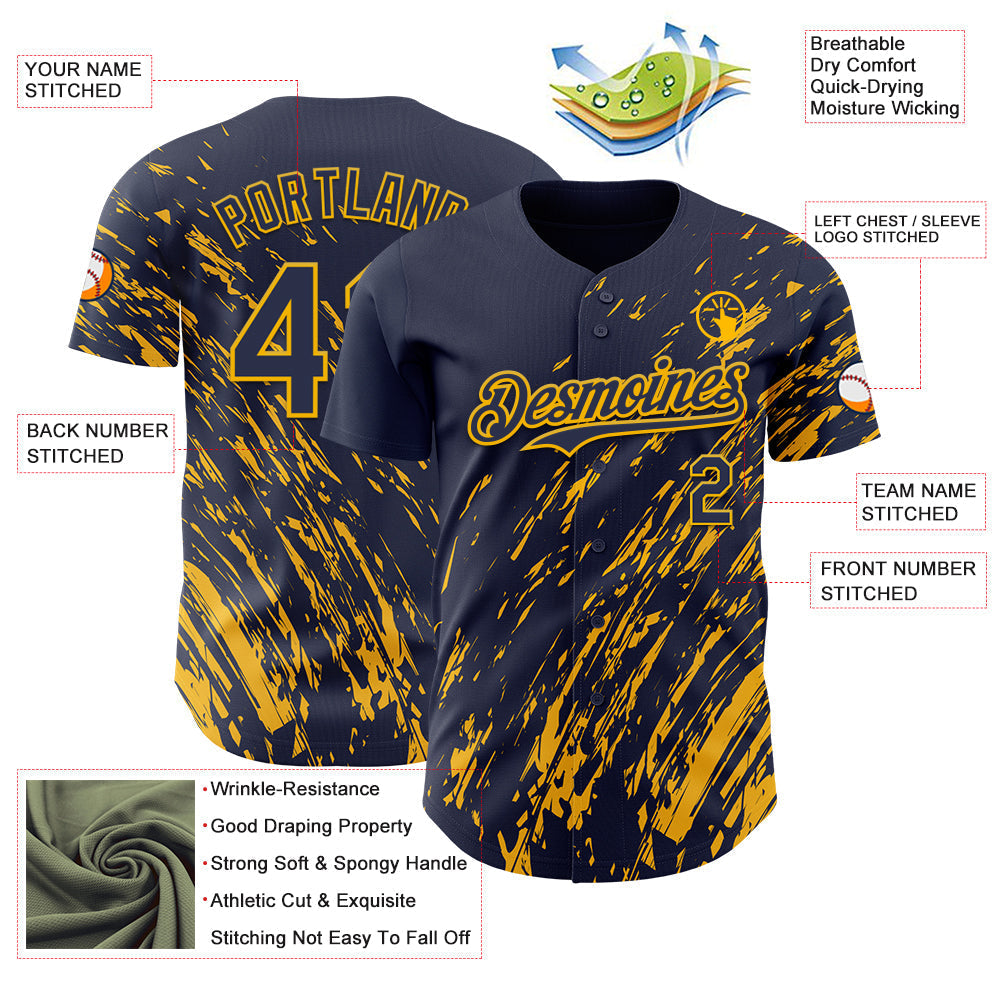 Custom Navy Gold Paint Stroke Grunge Streak Authentic Baseball Jersey baseball jersey product view 3