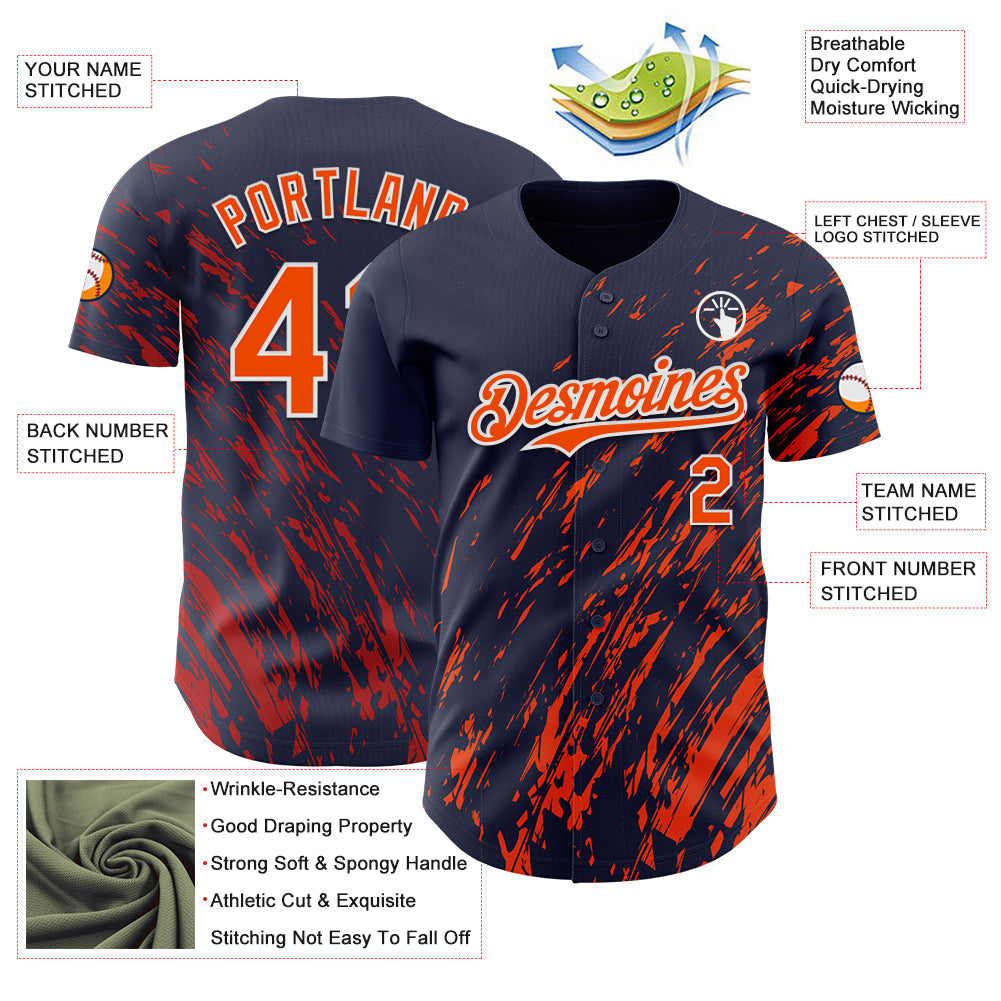 Custom Navy Orange-White Paint Stroke Grunge Streak Authentic Baseball Jersey baseball jersey product view 3