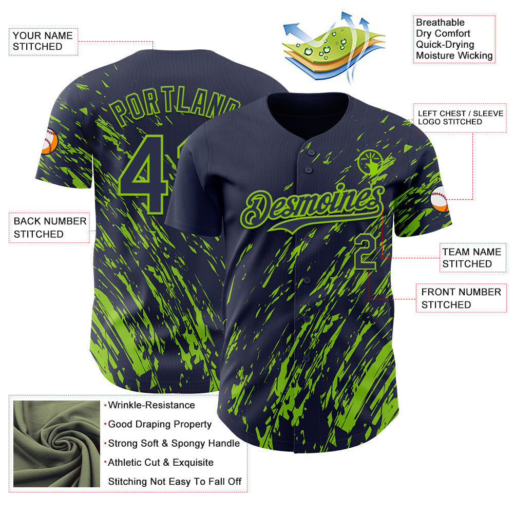Custom Navy Neon Green Paint Stroke Grunge Streak Authentic Baseball Jersey baseball jersey product view 3