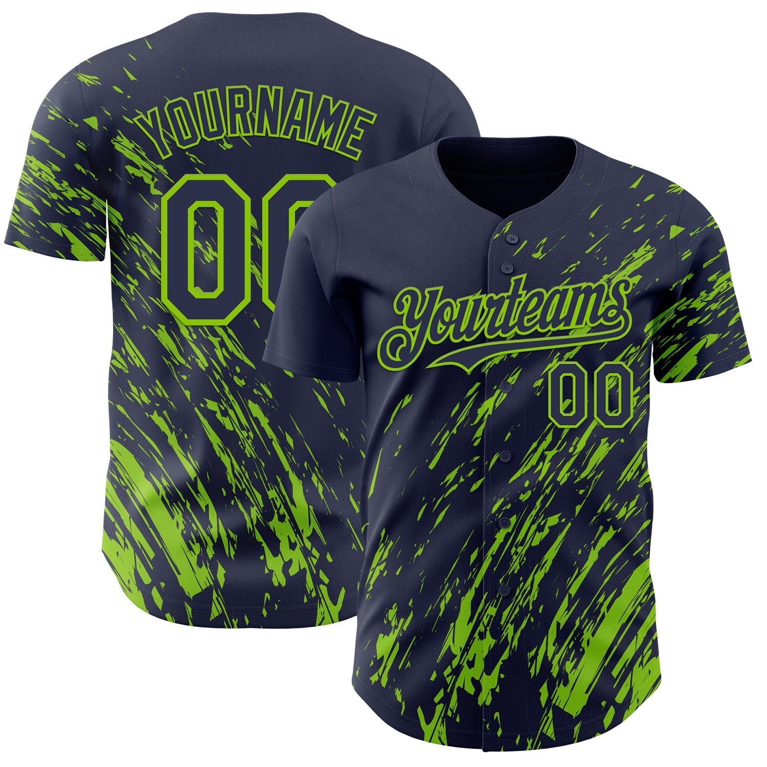 Custom Navy Neon Green Paint Stroke Grunge Streak Authentic Baseball Jersey baseball jersey product view 1