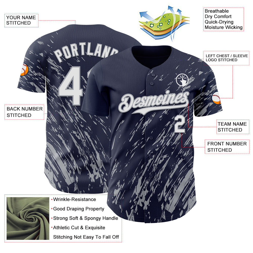 Custom Navy White-Gray Paint Stroke Grunge Streak Authentic Baseball Jersey baseball jersey product view 3