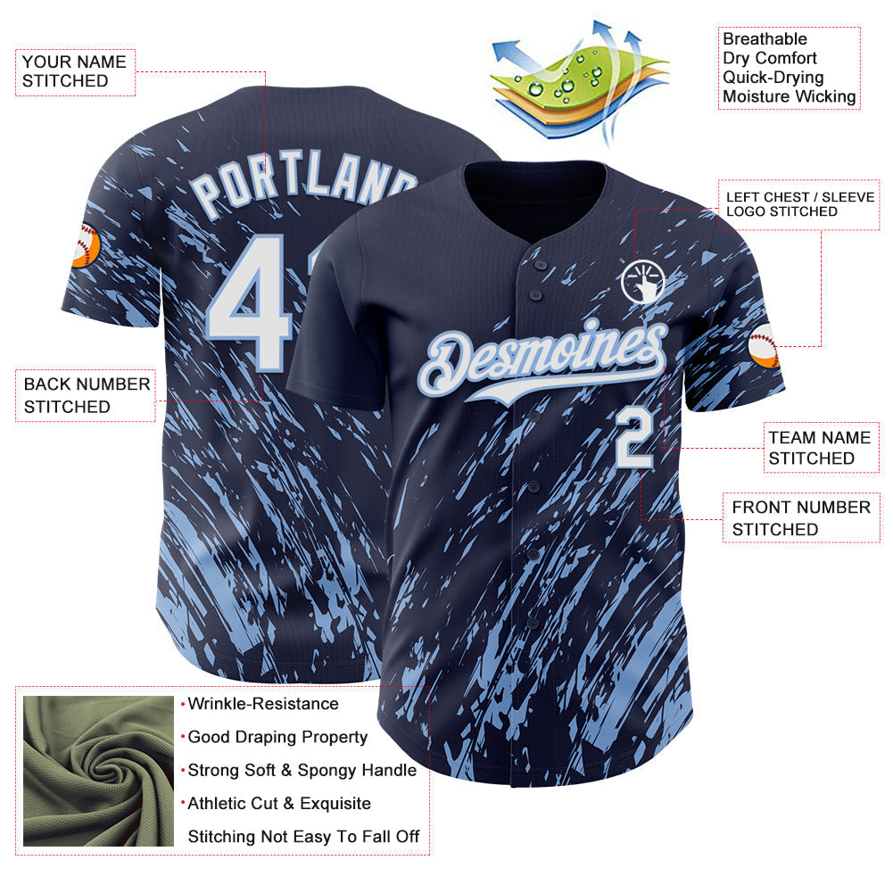 Custom Navy White-Light Blue Paint Stroke Grunge Streak Authentic Baseball Jersey baseball jersey product view 3
