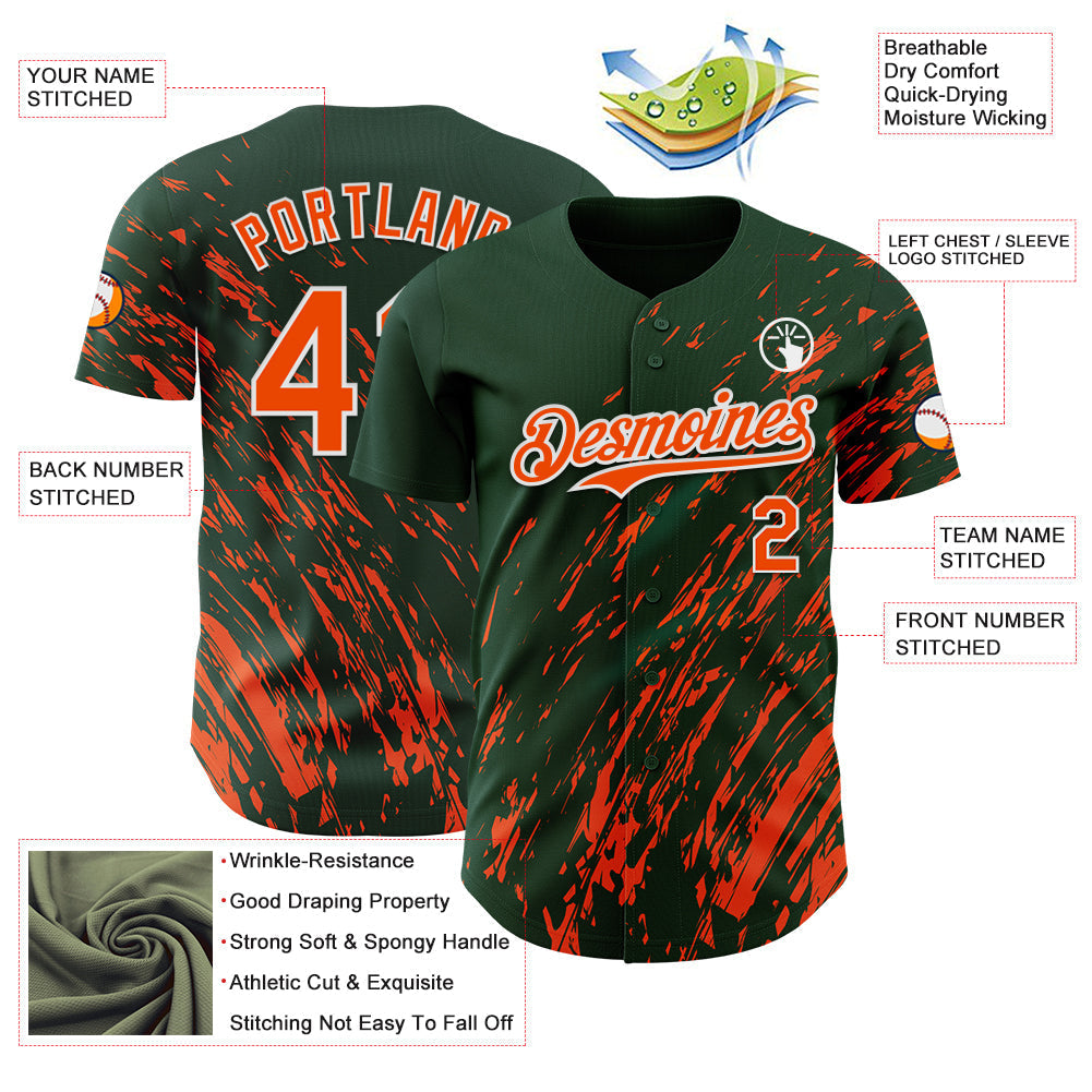 Custom Green Orange-White Paint Stroke Grunge Streak Authentic Baseball Jersey baseball jersey product view 3