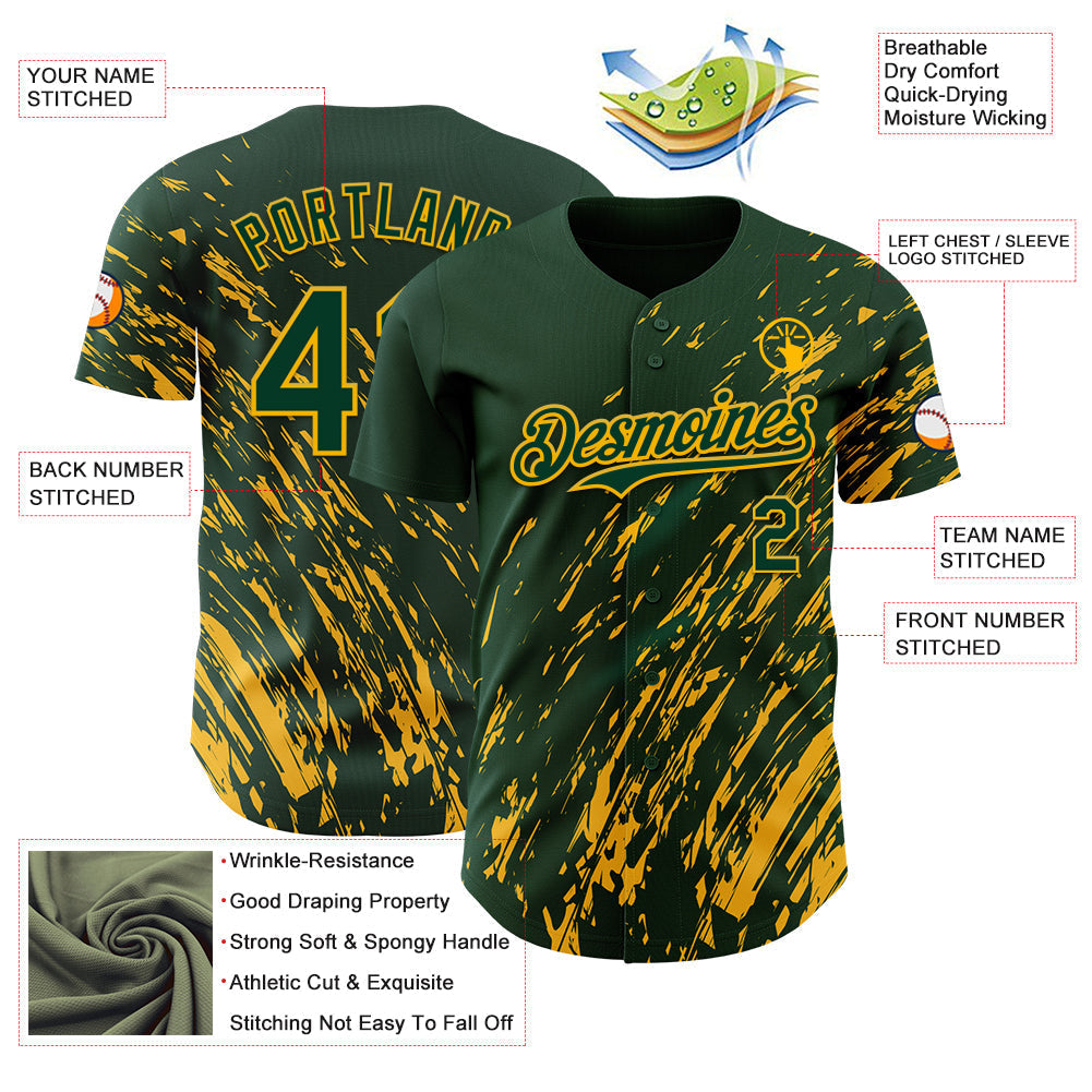 Custom Green Gold Paint Stroke Grunge Streak Authentic Baseball Jersey baseball jersey product view 3