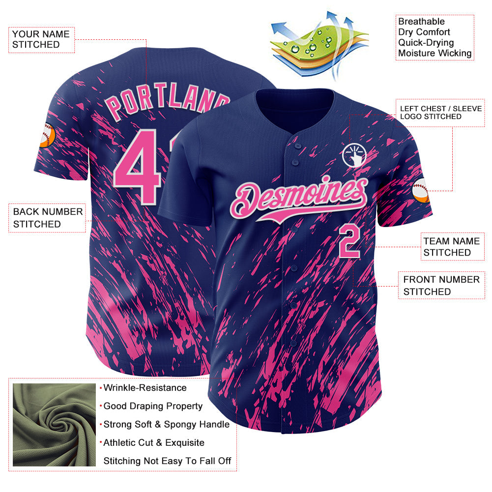 Custom Royal Pink-White Paint Stroke Grunge Streak Authentic Baseball Jersey baseball jersey product view 3