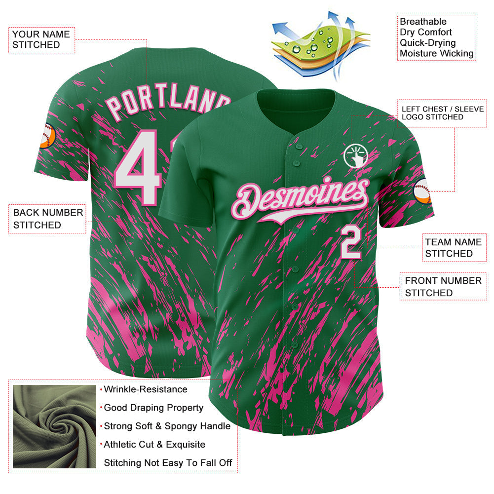 Custom Kelly Green White-Pink Paint Stroke Grunge Streak Authentic Baseball Jersey baseball jersey product view 3