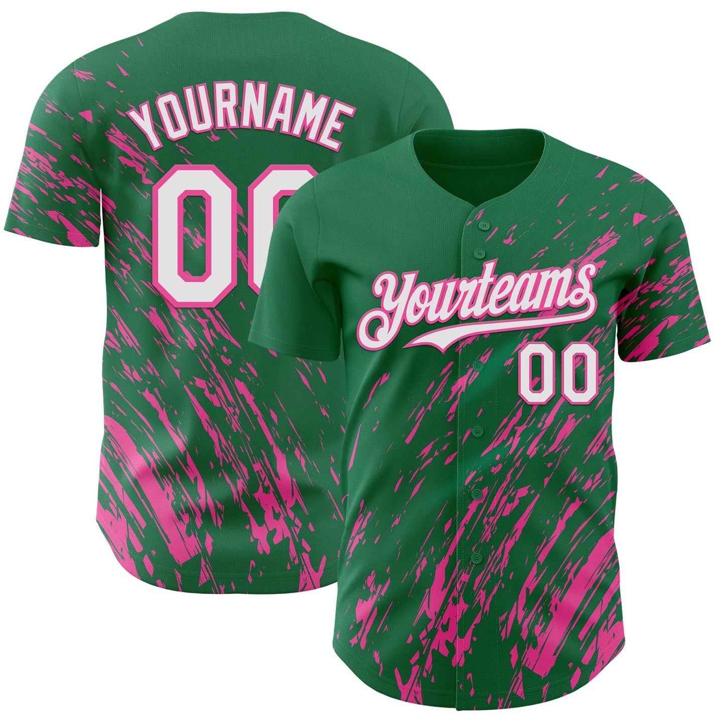 Custom Kelly Green White-Pink Paint Stroke Grunge Streak Authentic Baseball Jersey baseball jersey product view 1