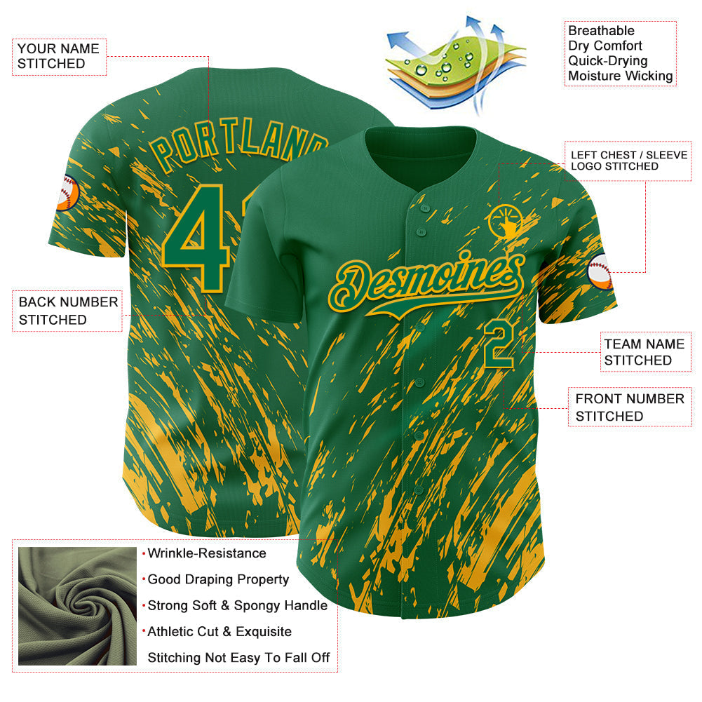Custom Kelly Green Gold Paint Stroke Grunge Streak Authentic Baseball Jersey baseball jersey product view 3