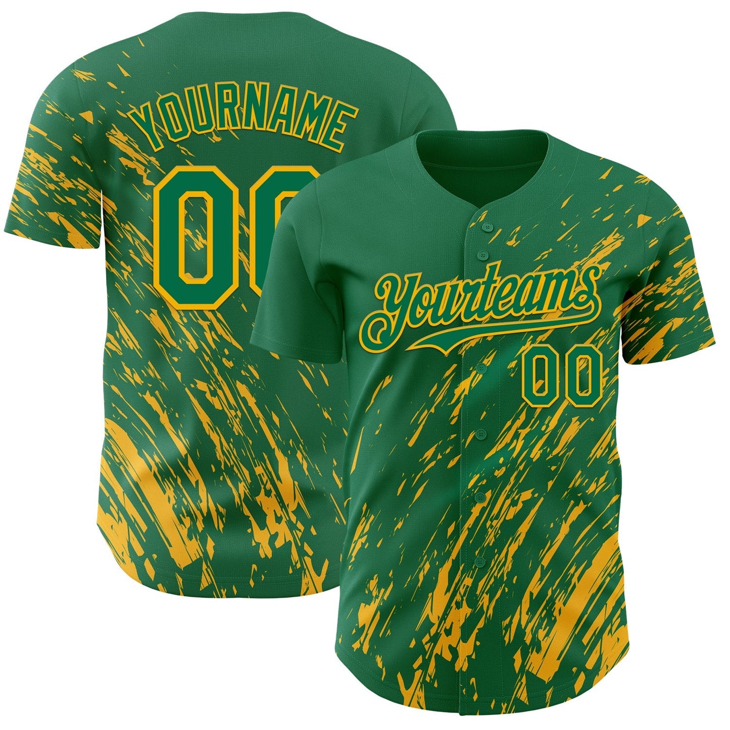 Custom Kelly Green Gold Paint Stroke Grunge Streak Authentic Baseball Jersey baseball jersey product view 1