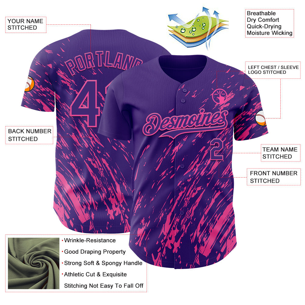 Custom Purple Pink Paint Stroke Grunge Streak Authentic Baseball Jersey baseball jersey product view 3