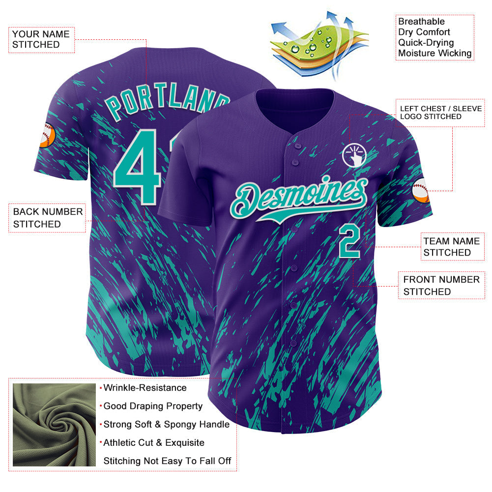 Custom Purple Aqua-White Paint Stroke Grunge Streak Authentic Baseball Jersey baseball jersey product view 3