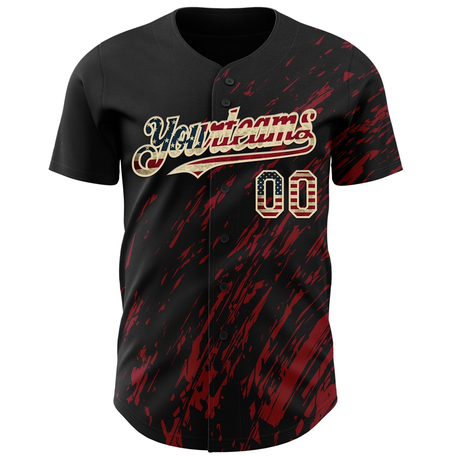Custom Black Vintage USA Flag Crimson-Cream Paint Stroke Grunge Streak Authentic Baseball Jersey baseball jersey product view 2